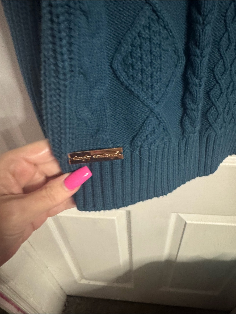 Simply Southern Teal Cable Knit Sweater with White Teddy - Picture 2 of 2